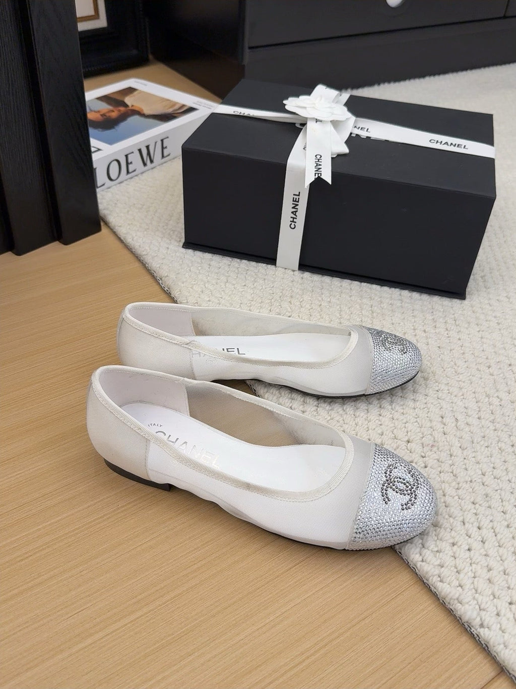 Chanel Ballet Flat in White Fabric and Mesh with Crystals