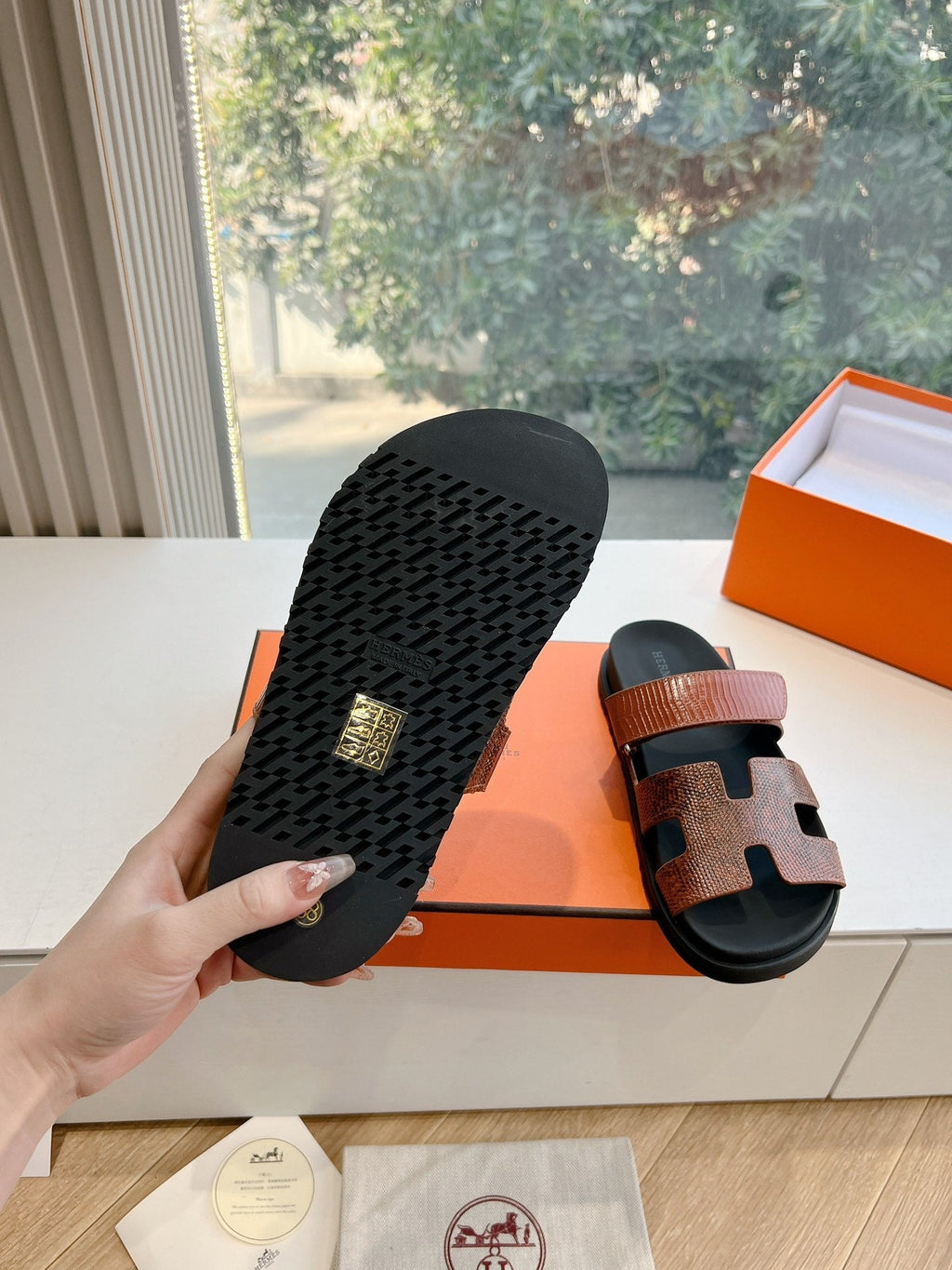 Hermes Chypre Sandal in Pecan Brown Lizard Skin