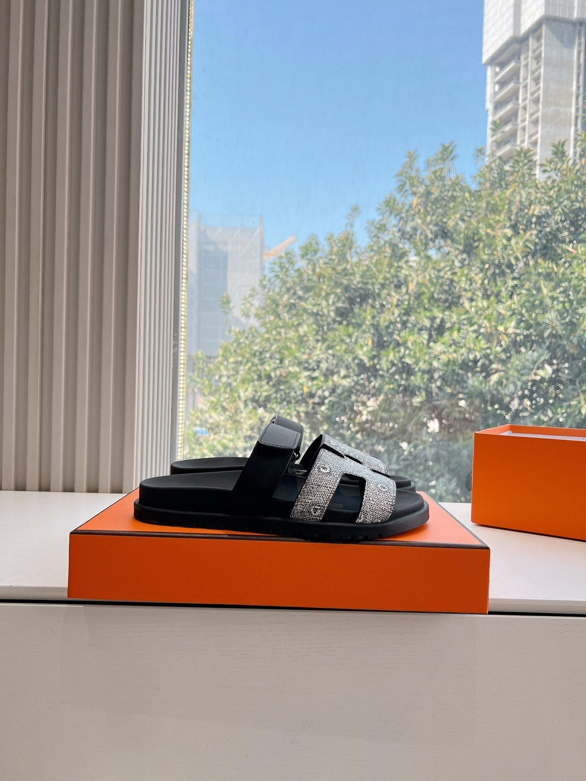 Hermes Chypre Sandal in Black Mix White Lizard Skin