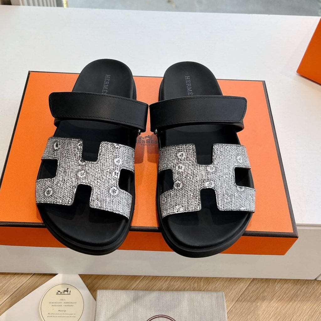 Hermes Chypre Sandal in Black Mix White Lizard Skin