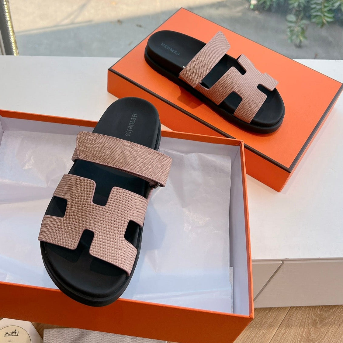 Hermes Chypre Sandal in Peach Pink Shiny Grained Calfskin