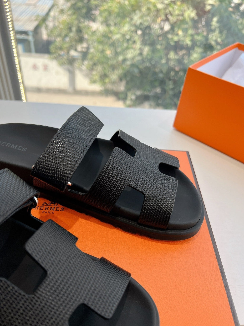 Hermes Chypre Sandal in Black Shiny Grained Calfskin