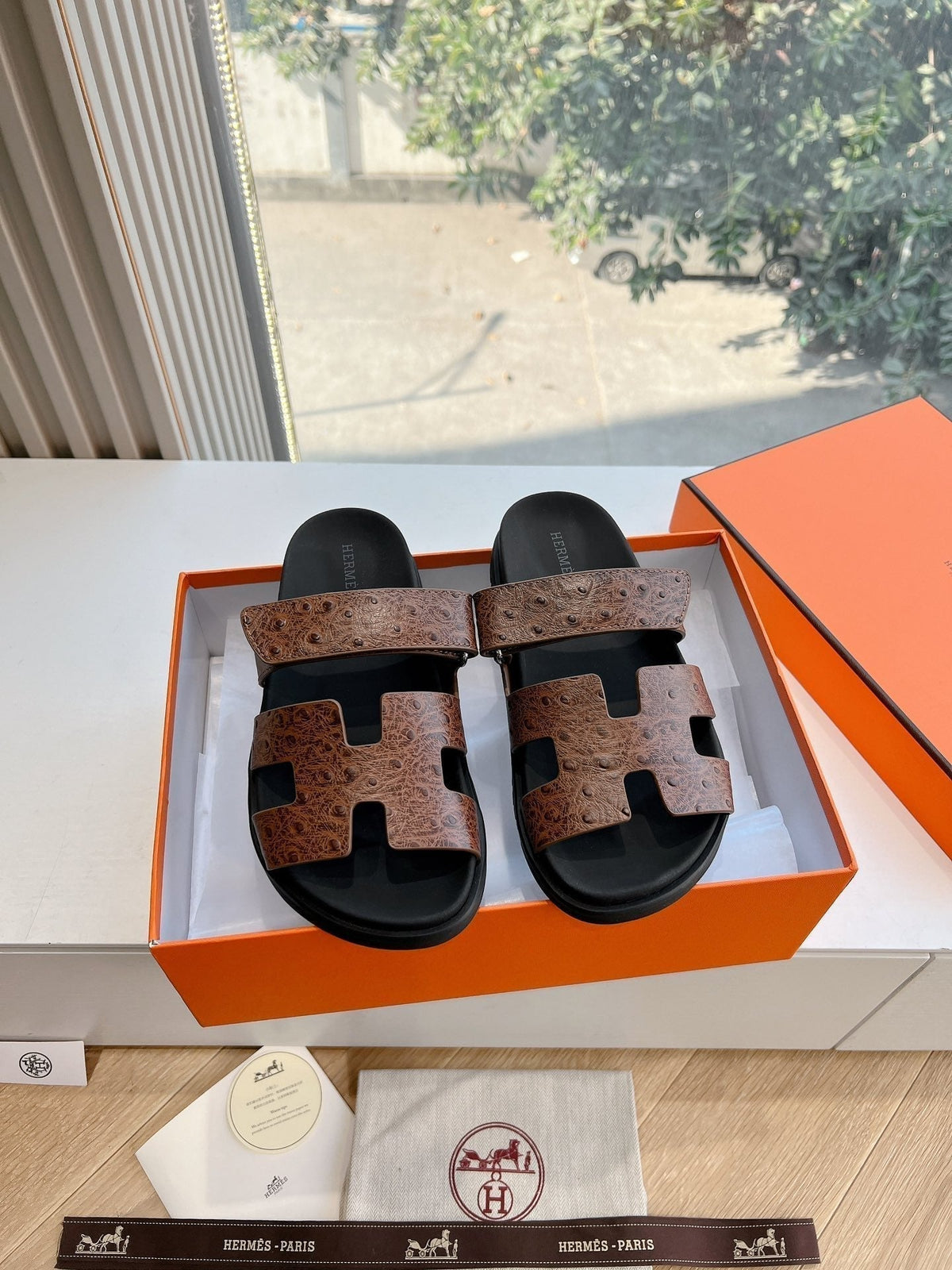Hermes Chypre Sandal in Chocolate Brown Grained Calfskin