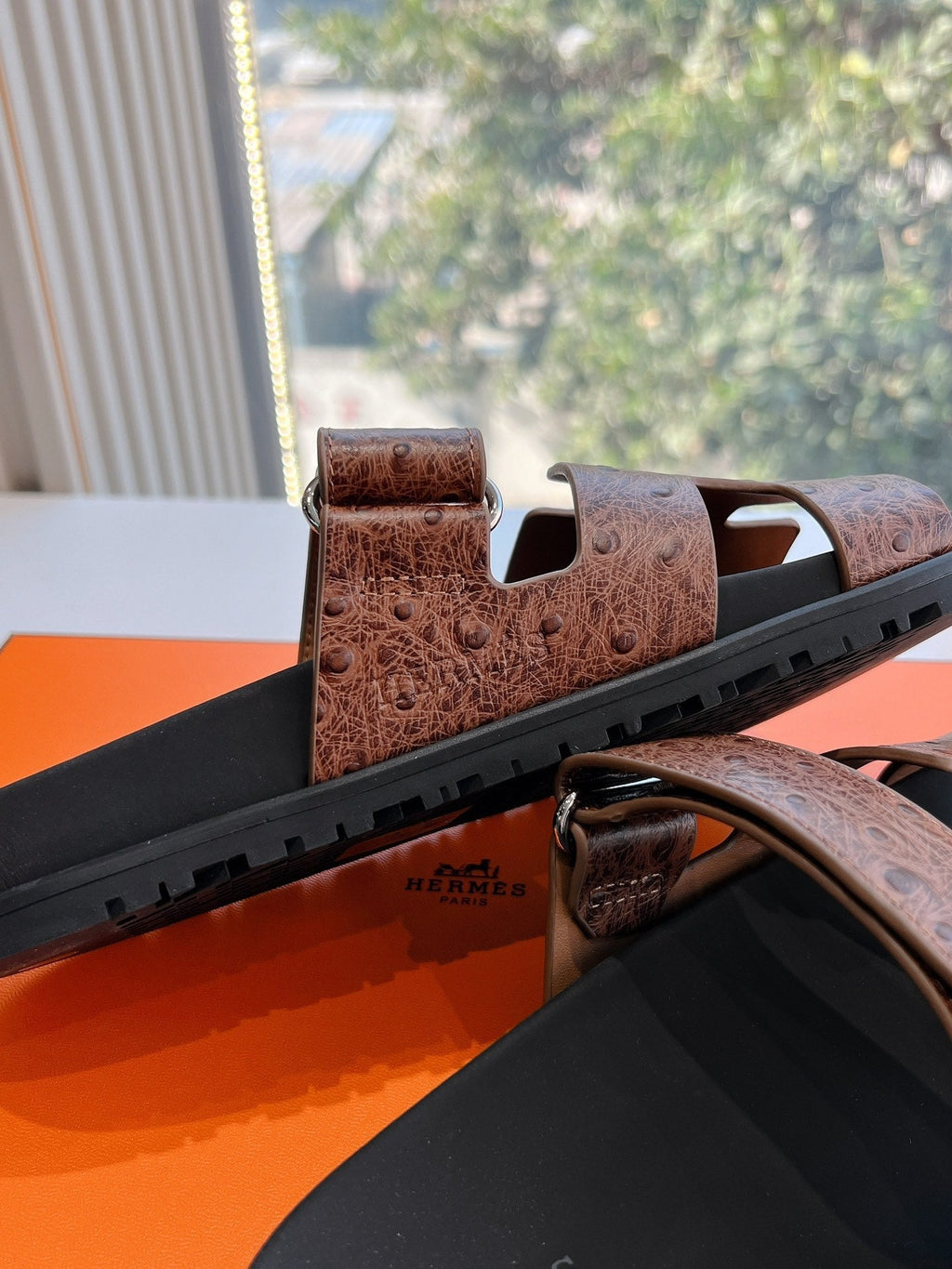 Hermes Chypre Sandal in Chocolate Brown Grained Calfskin