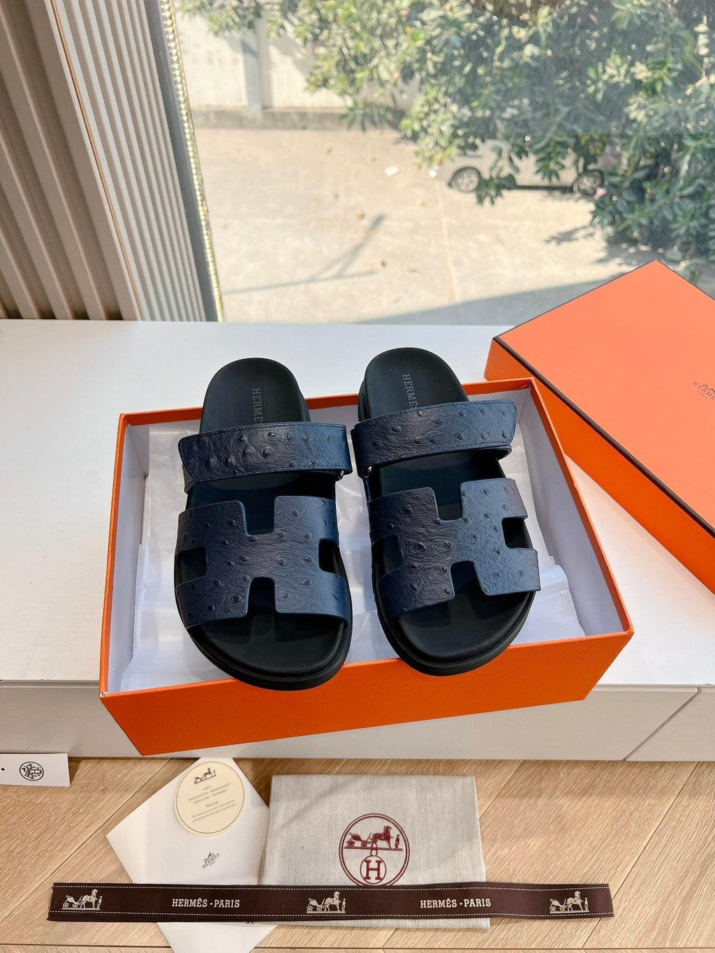 Hermes Chypre Sandal in Black Grained Calfskin