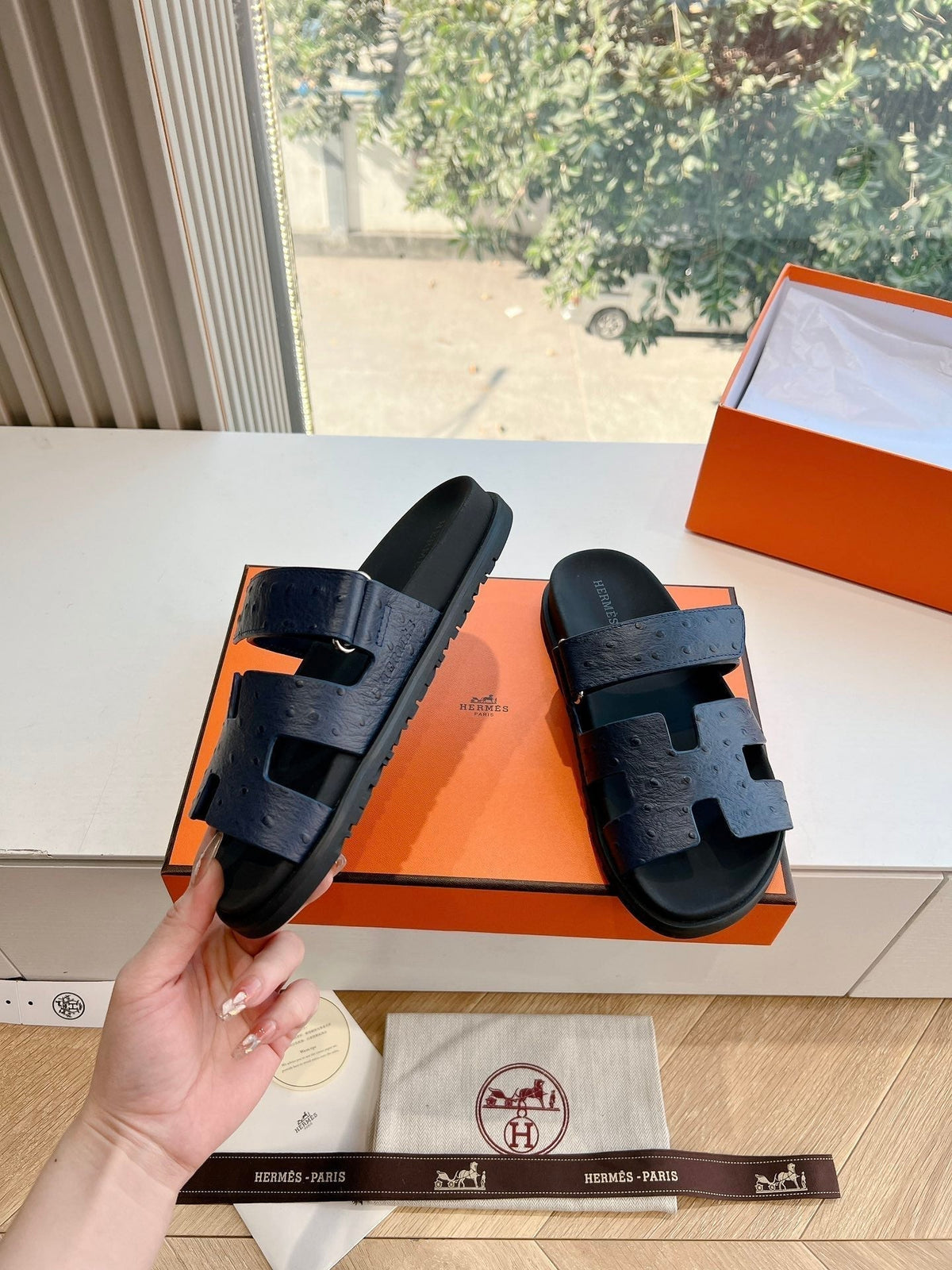 Hermes Chypre Sandal in Black Grained Calfskin
