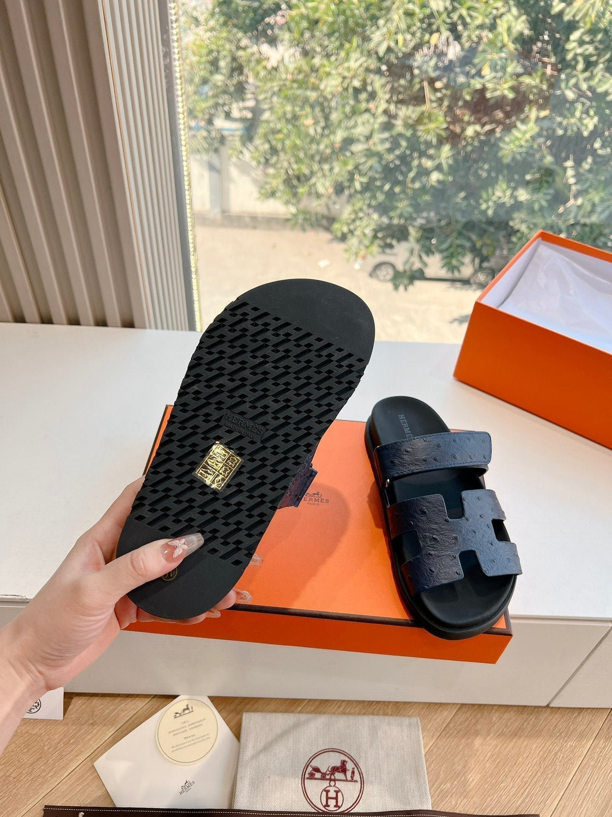 Hermes Chypre Sandal in Black Grained Calfskin