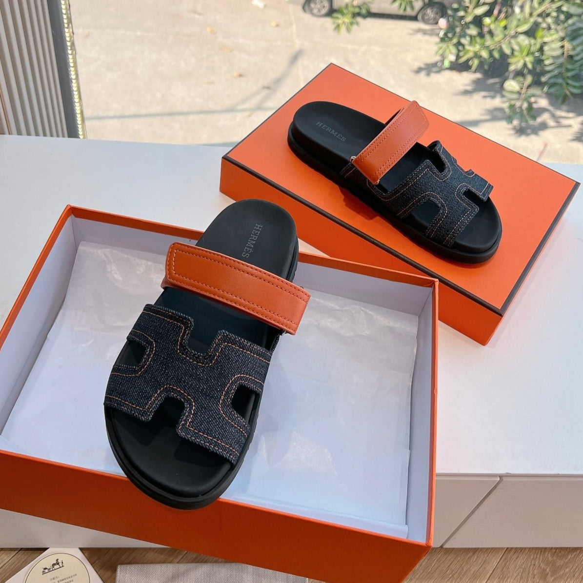 Hermes Chypre Sandal in Black Denim and Vivid Orange Calfskin