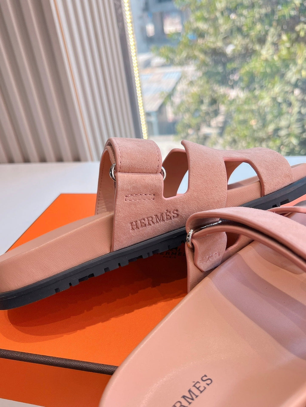Hermes Chypre Sandal in Rose Pink Suede