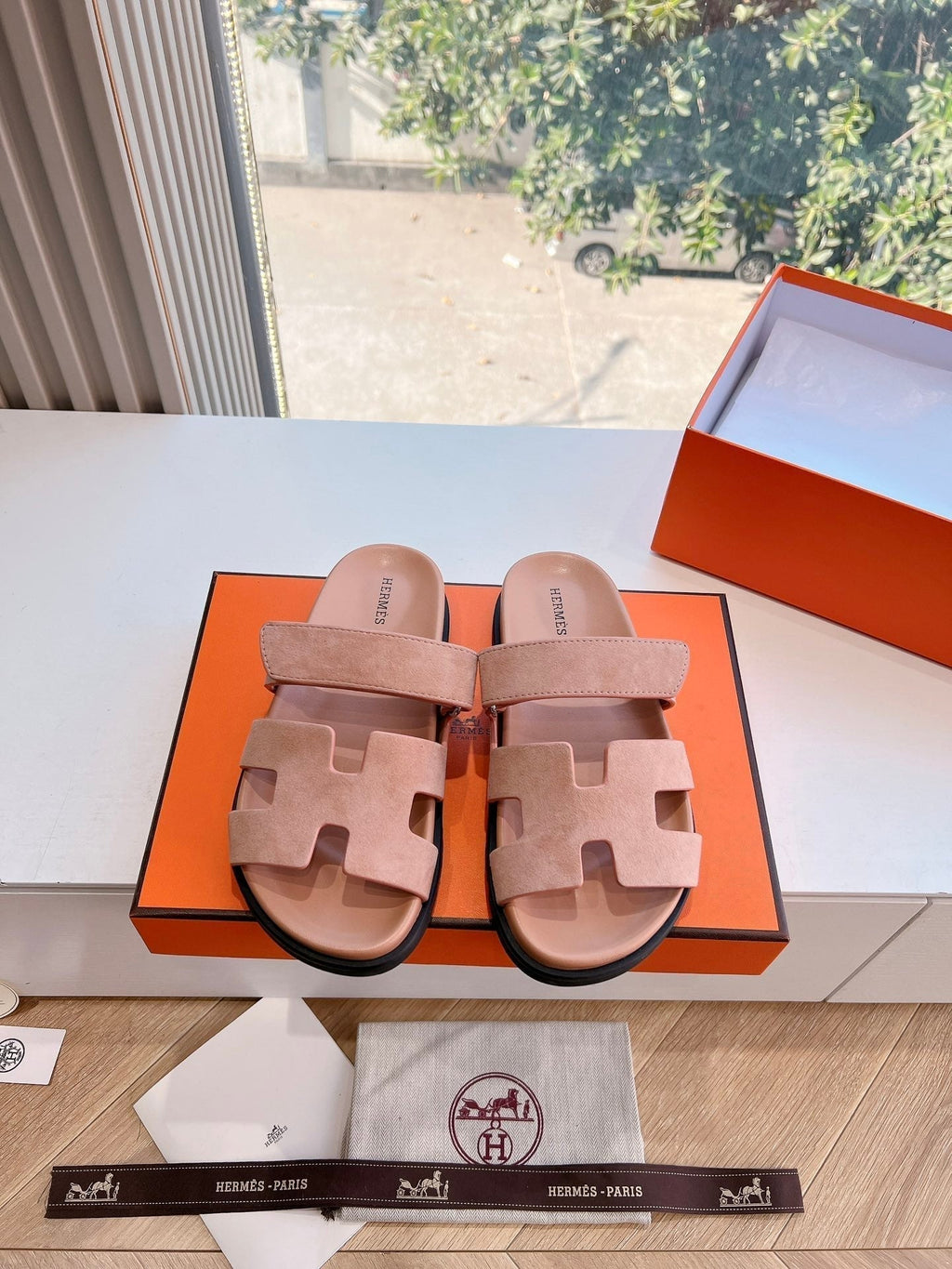 Hermes Chypre Sandal in Rose Pink Suede