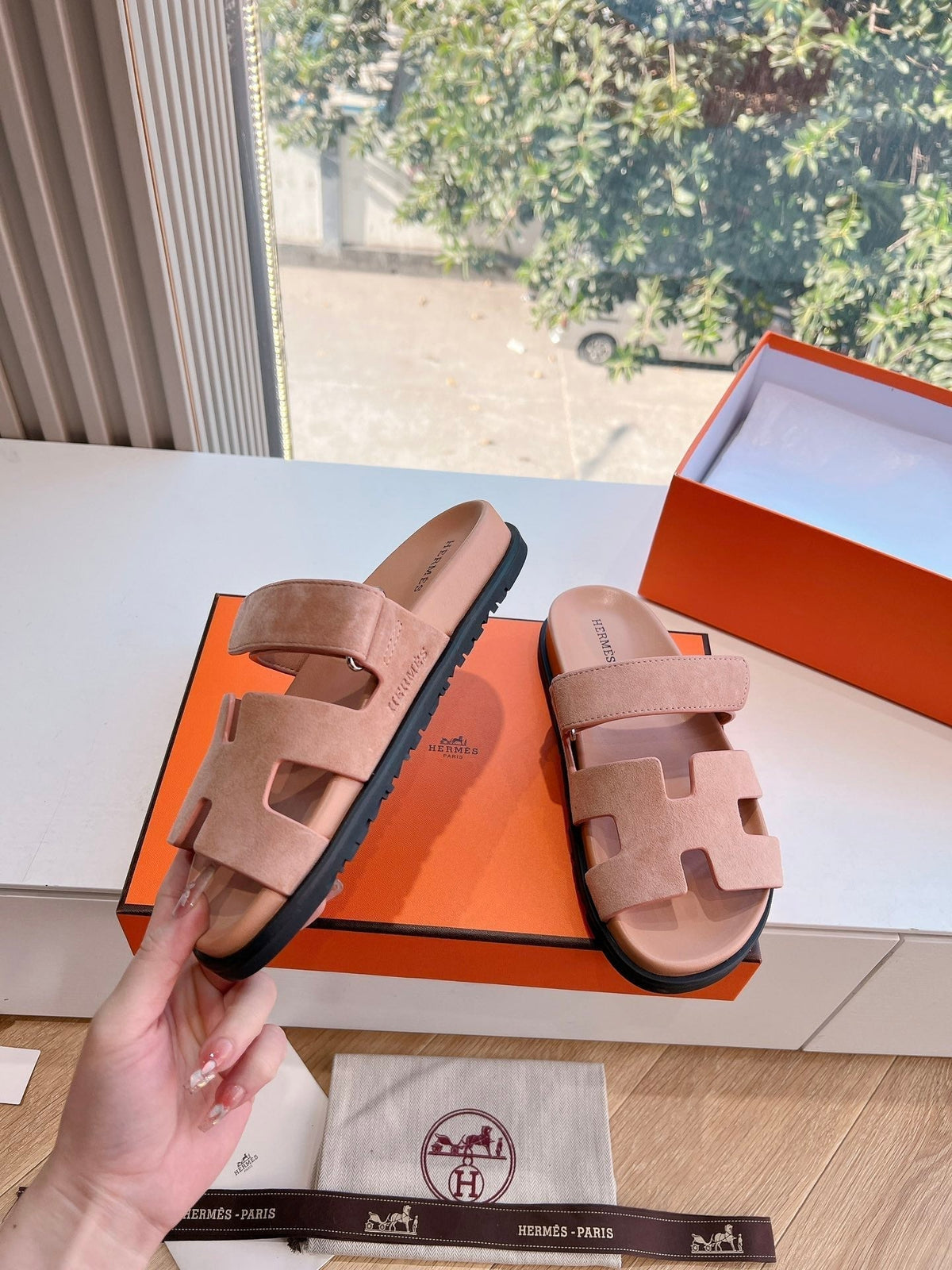 Hermes Chypre Sandal in Rose Pink Suede