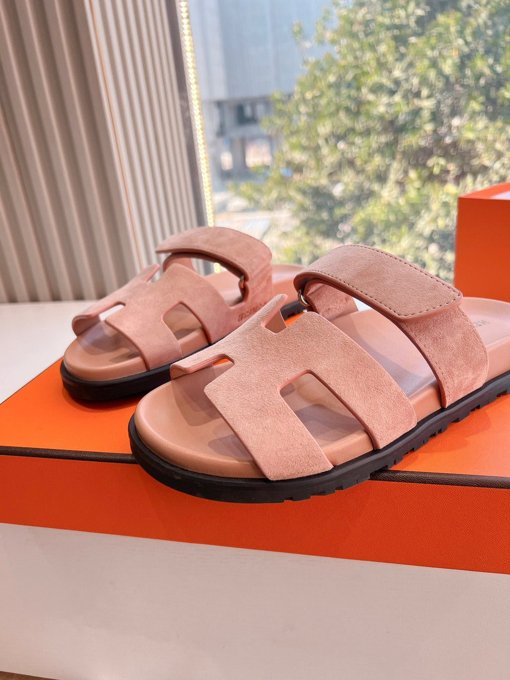 Hermes Chypre Sandal in Rose Pink Suede