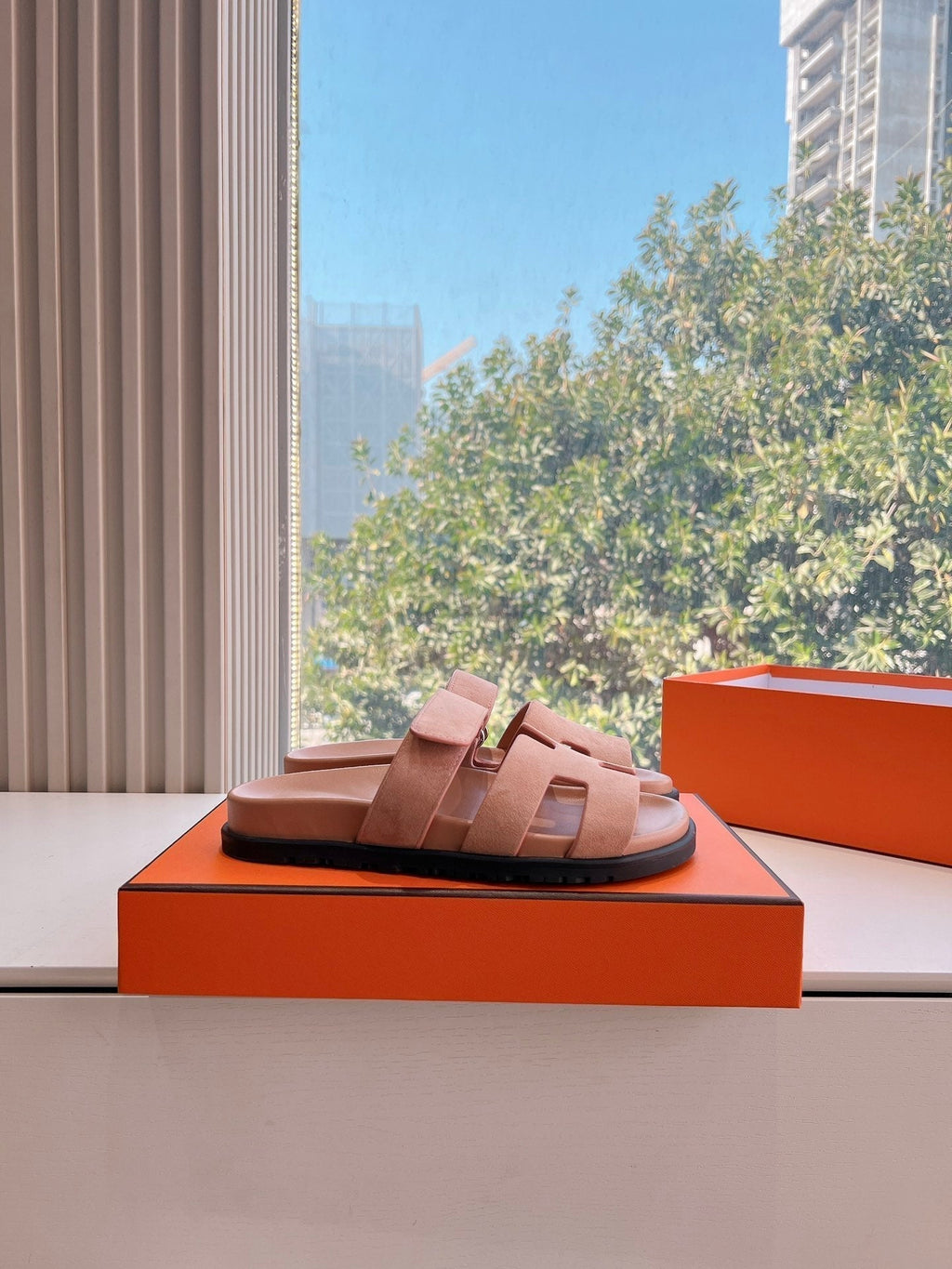 Hermes Chypre Sandal in Rose Pink Suede