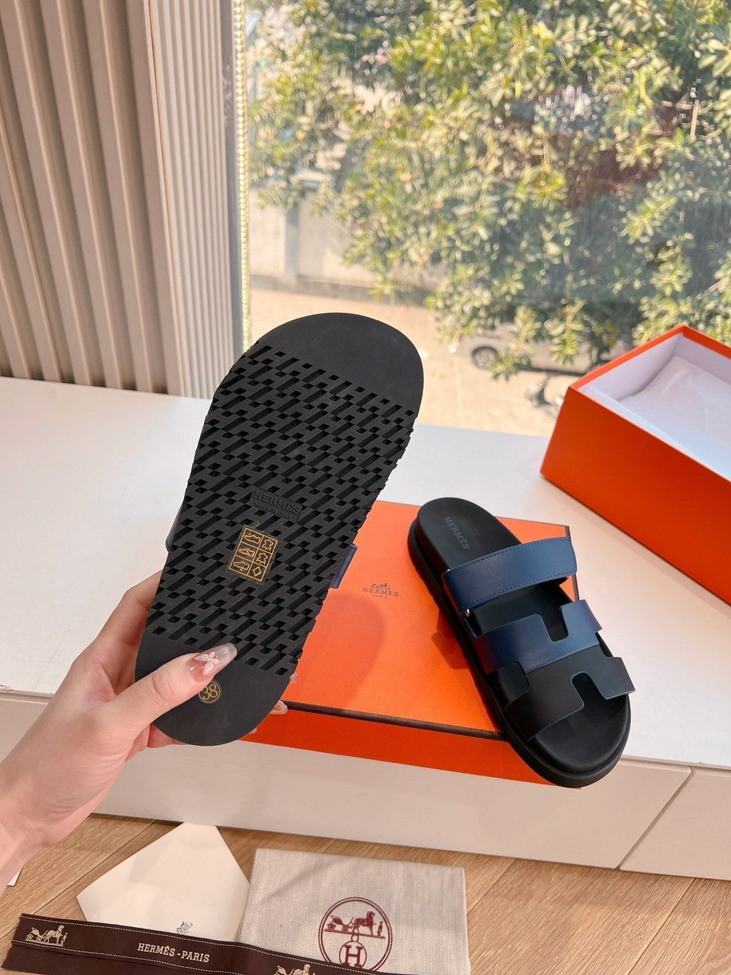 Hermes Chypre Sandal in Aegean Blue Mix Black Calfskin