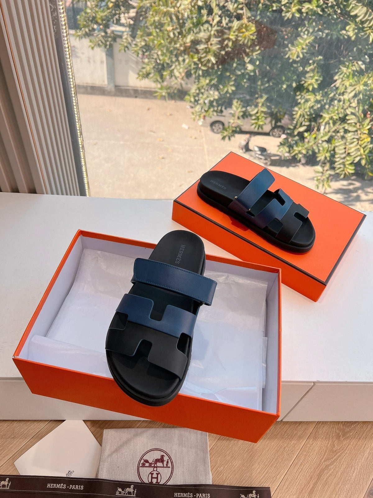 Hermes Chypre Sandal in Aegean Blue Mix Black Calfskin