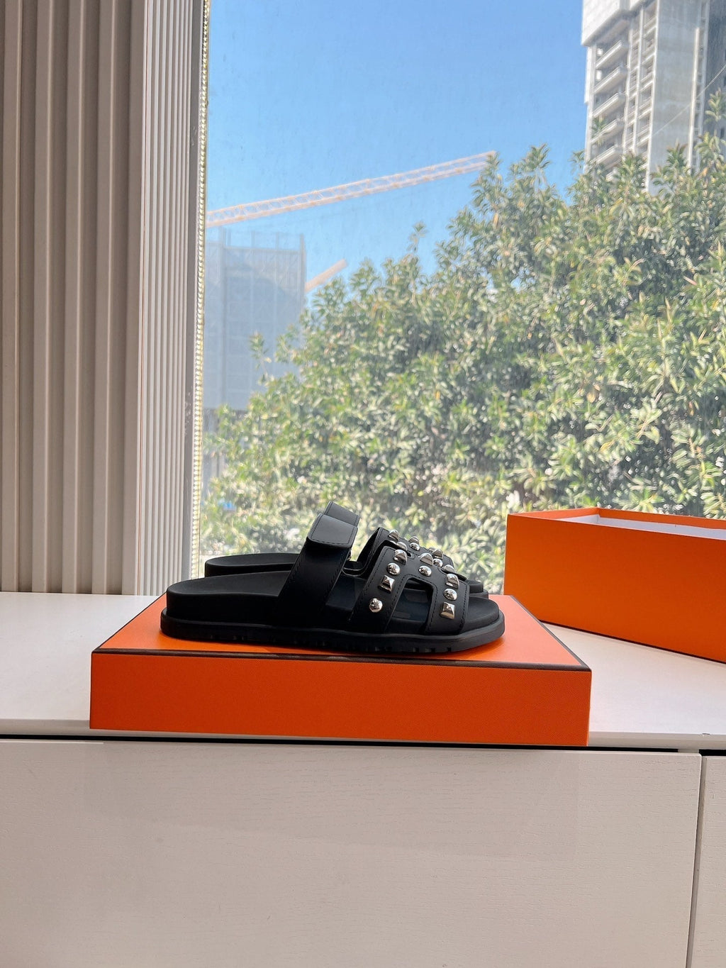 Hermes Chypre Sandal in Black Calfskin with Studs