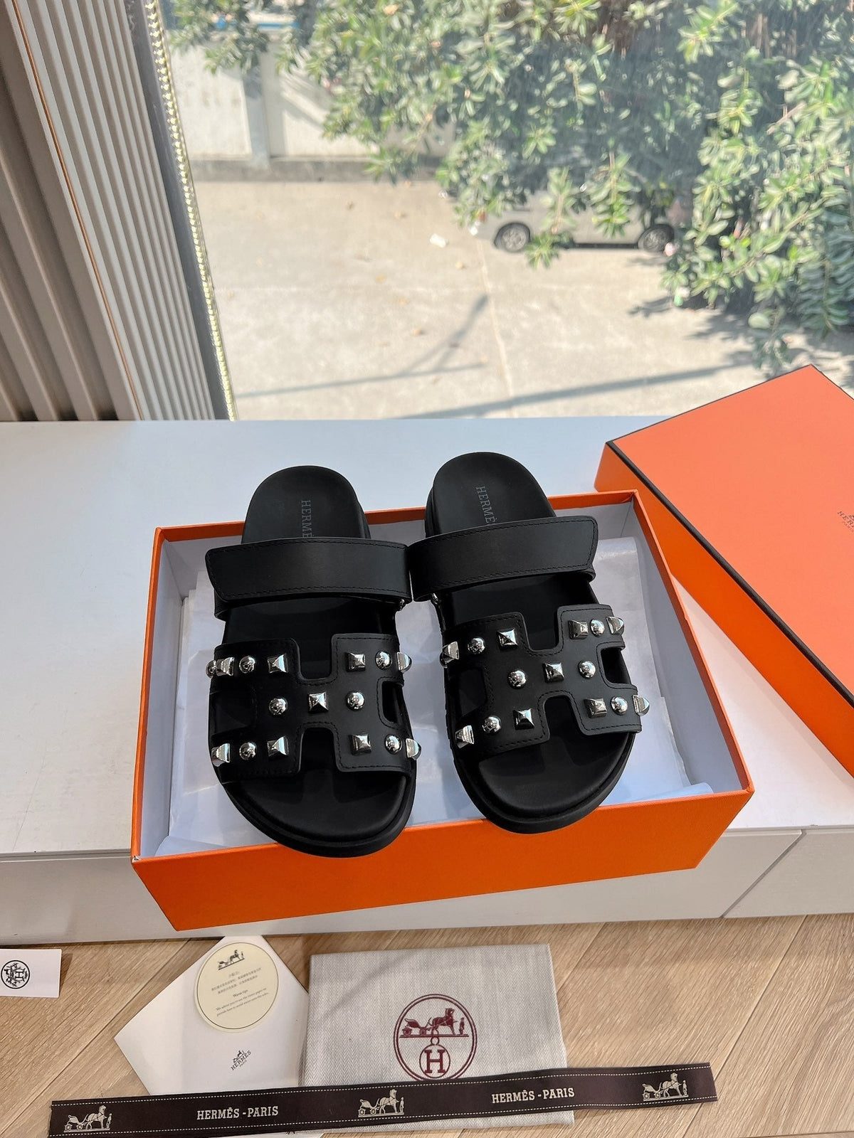 Hermes Chypre Sandal in Black Calfskin with Studs