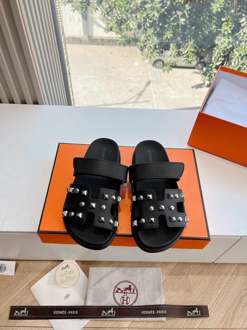 Hermes Chypre Sandal in Black Calfskin with Studs