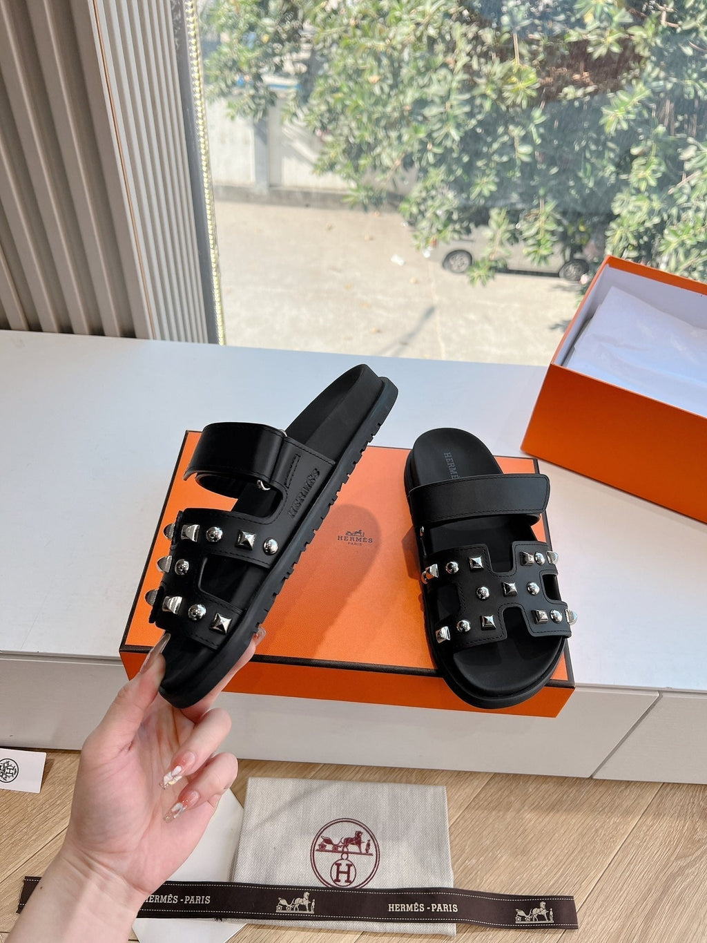 Hermes Chypre Sandal in Black Calfskin with Studs