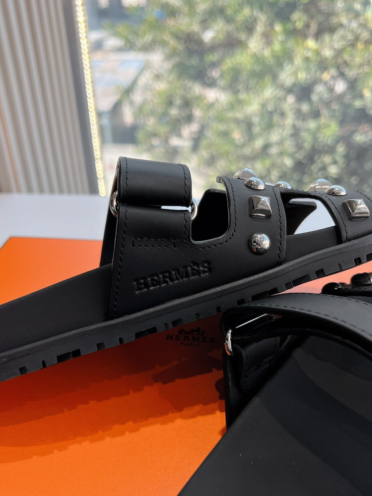 Hermes Chypre Sandal in Black Calfskin with Studs