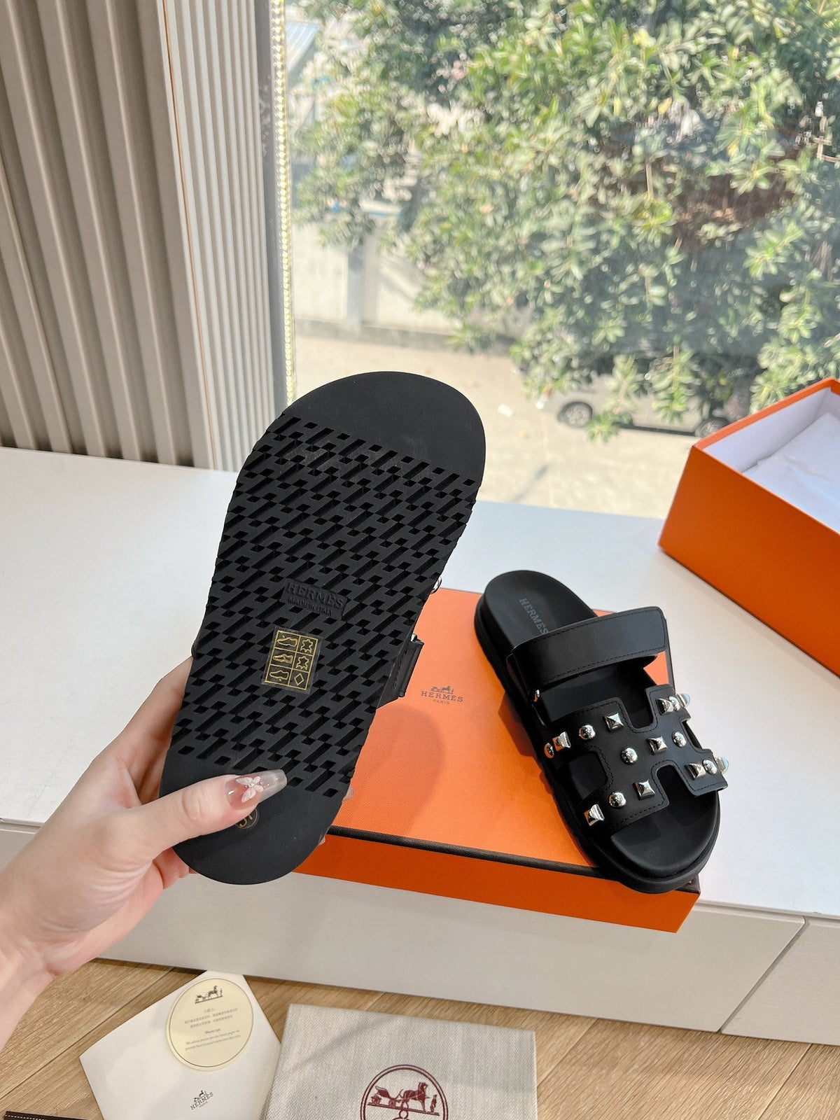 Hermes Chypre Sandal in Black Calfskin with Studs