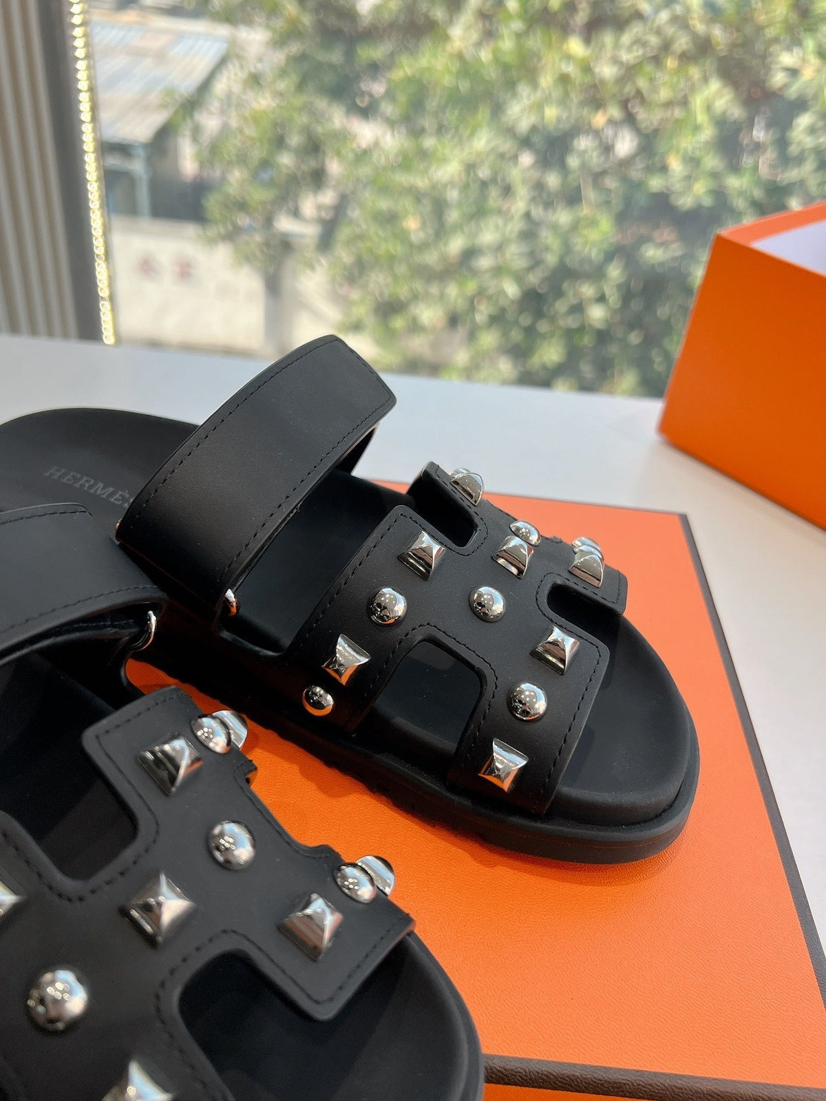 Hermes Chypre Sandal in Black Calfskin with Studs