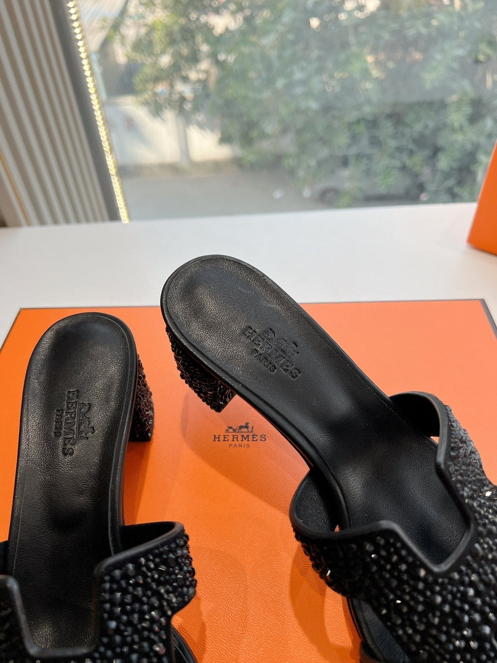 Hermes 0ASIS Sandal in Black Suede with Crystals
