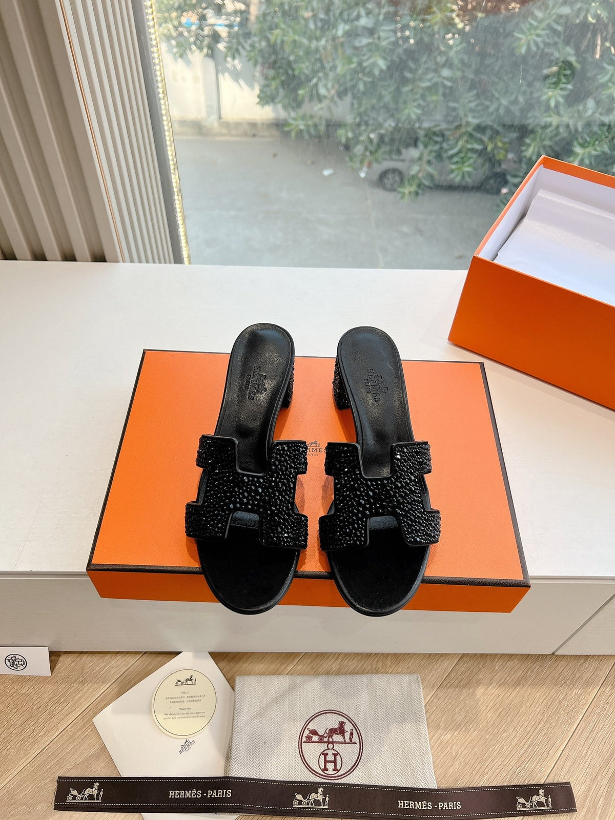 Hermes 0ASIS Sandal in Black Suede with Crystals