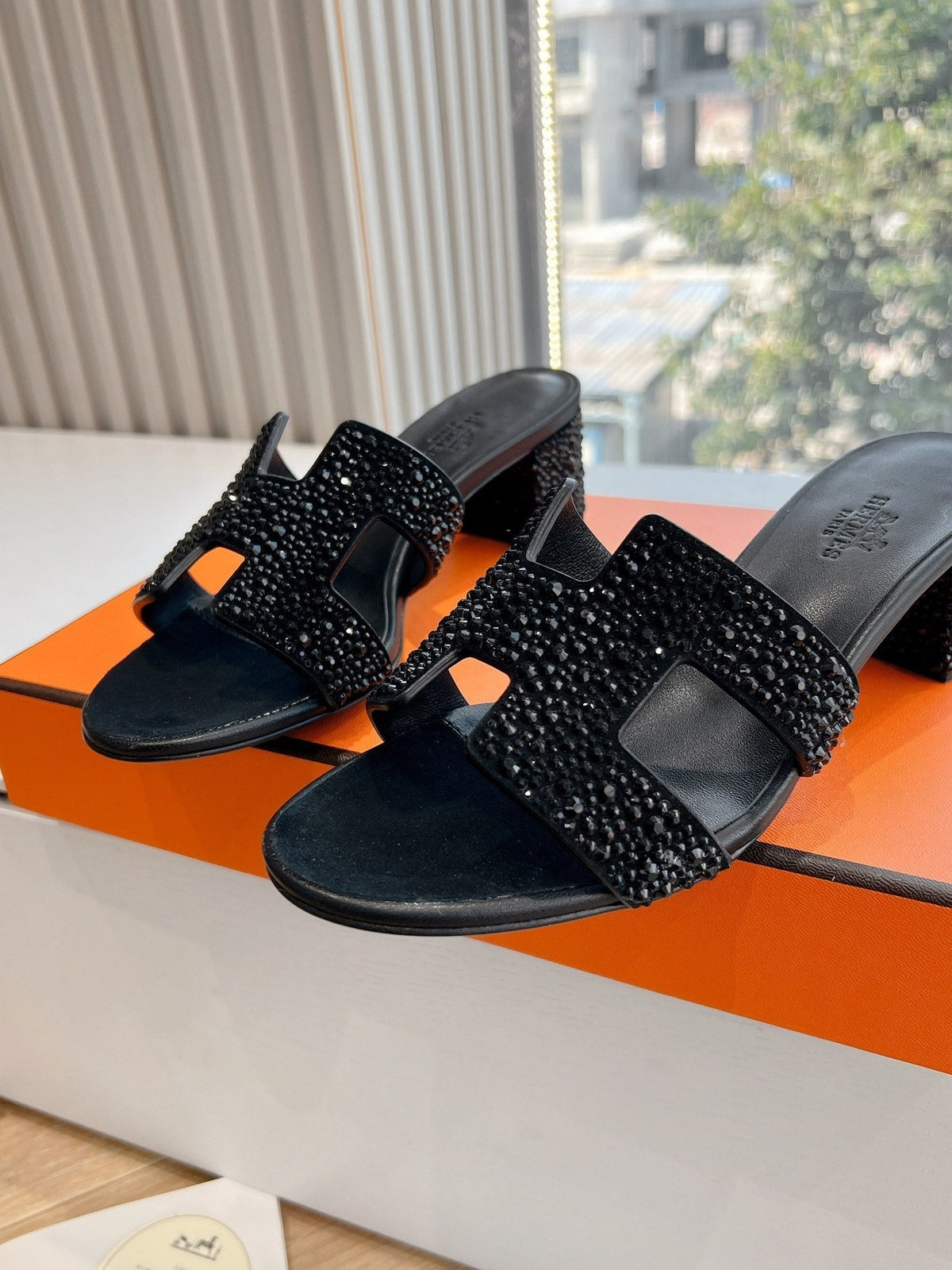 Hermes 0ASIS Sandal in Black Suede with Crystals