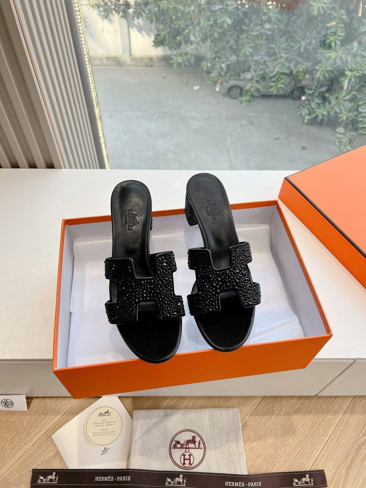 Hermes 0ASIS Sandal in Black Suede with Crystals