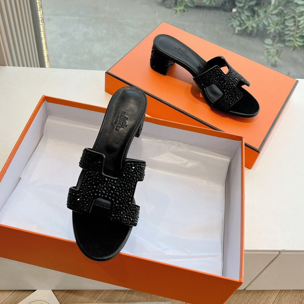 Hermes 0ASIS Sandal in Black Suede with Crystals