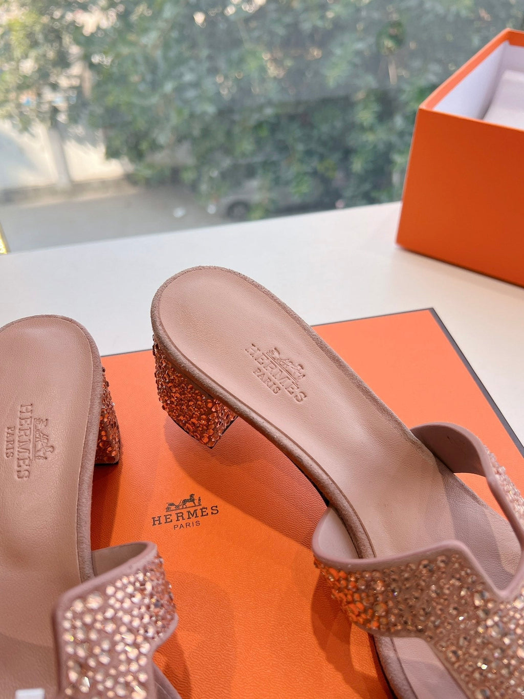 Hermes 0ASIS Sandal in Blush Pink Suede with Crystals