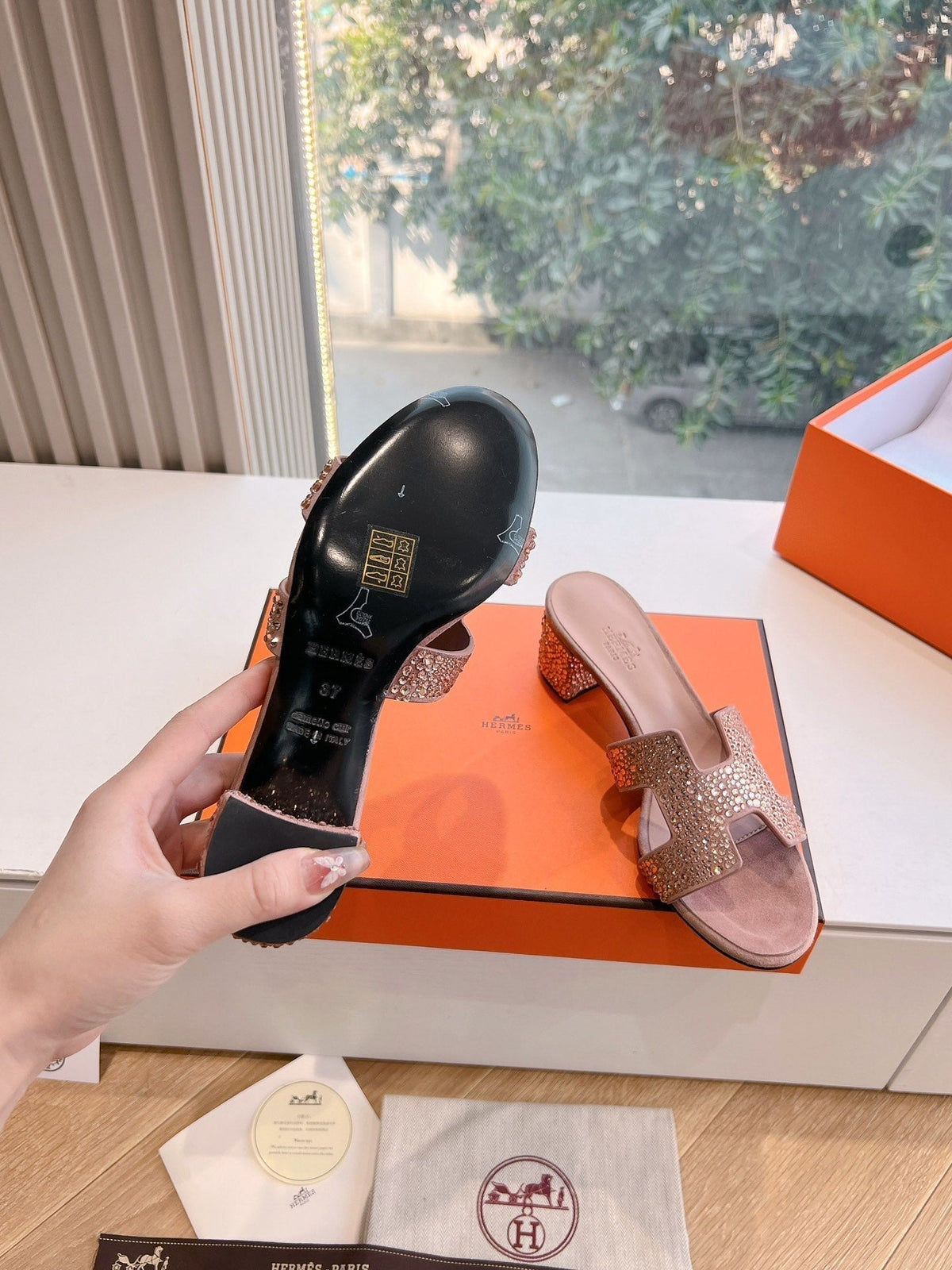 Hermes 0ASIS Sandal in Blush Pink Suede with Crystals