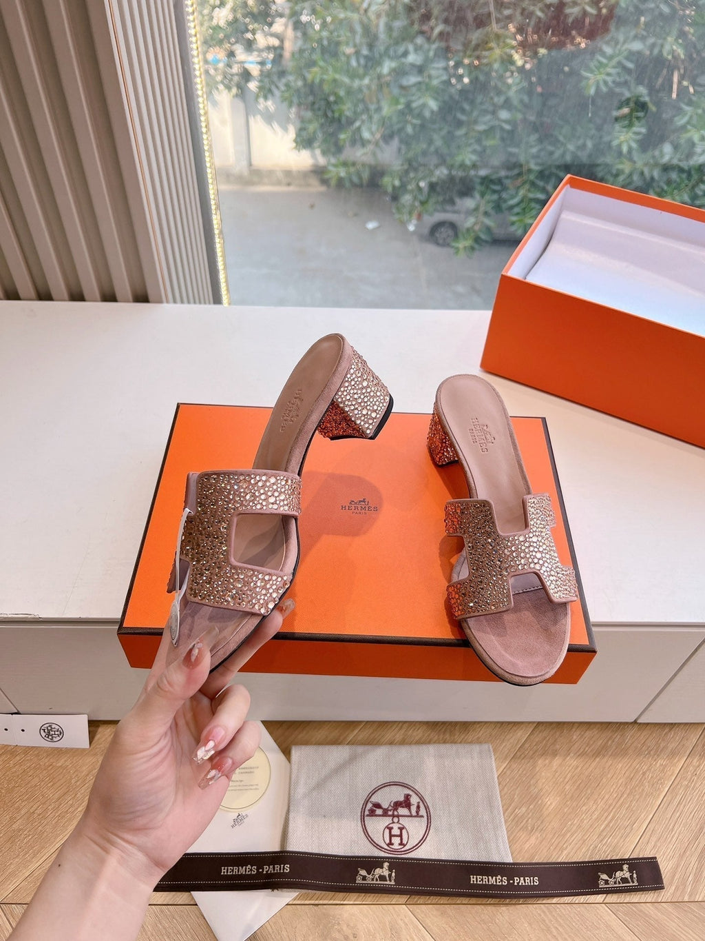 Hermes 0ASIS Sandal in Blush Pink Suede with Crystals