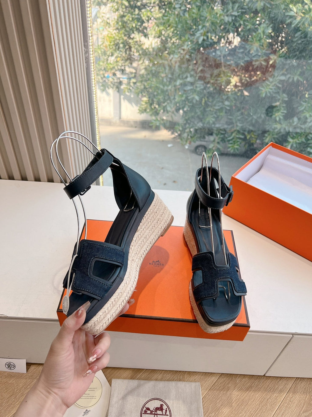 Hermes Elda Espadrille in Midnight Blue Fabric and Black Calfskin