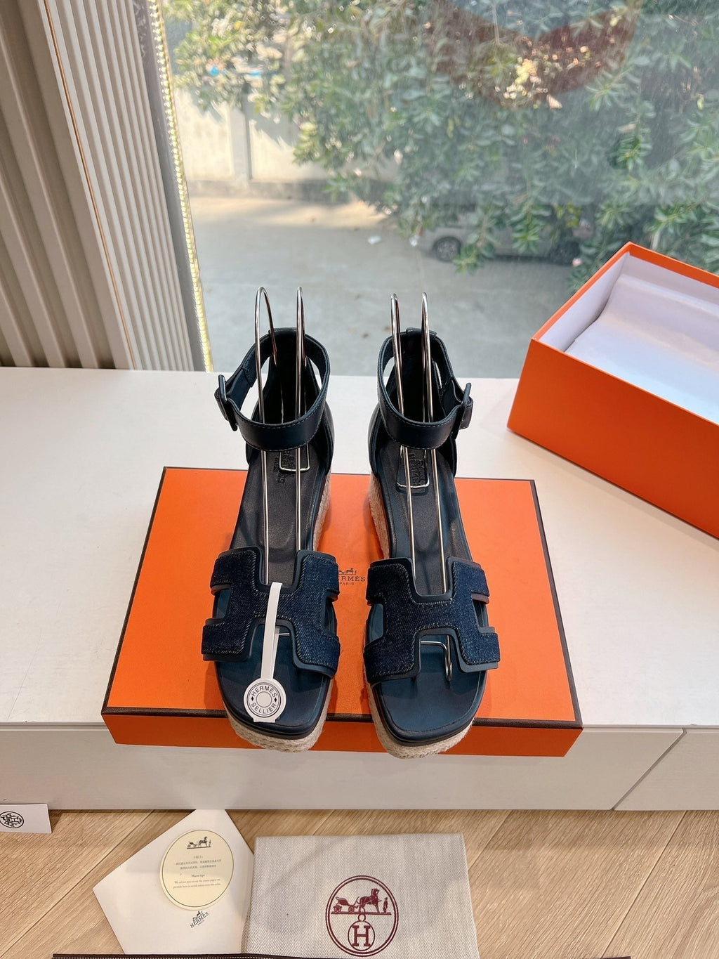 Hermes Elda Espadrille in Midnight Blue Fabric and Black Calfskin