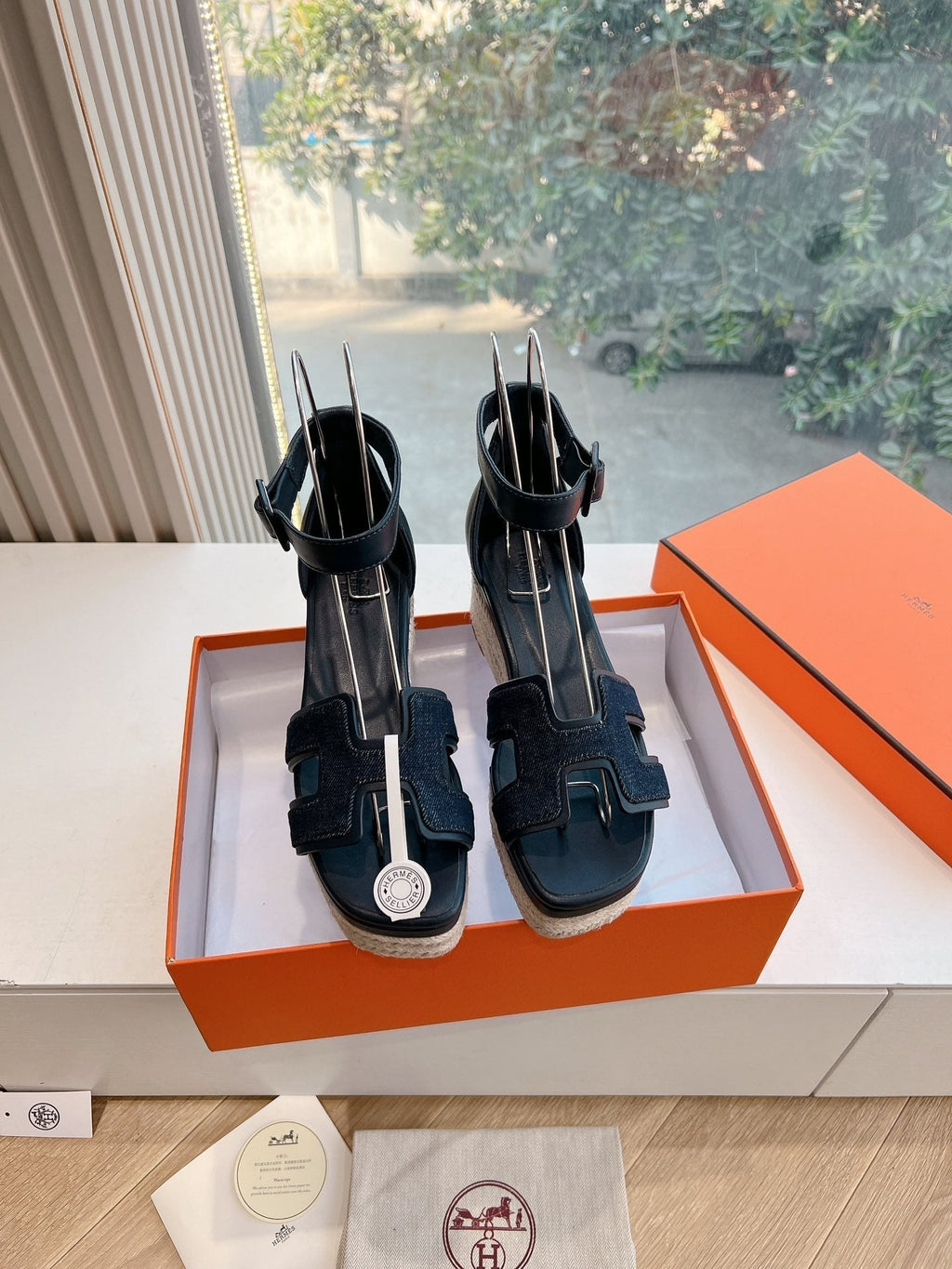 Hermes Elda Espadrille in Midnight Blue Fabric and Black Calfskin
