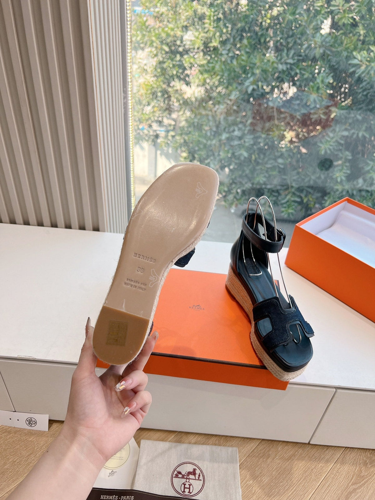 Hermes Elda Espadrille in Midnight Blue Fabric and Black Calfskin