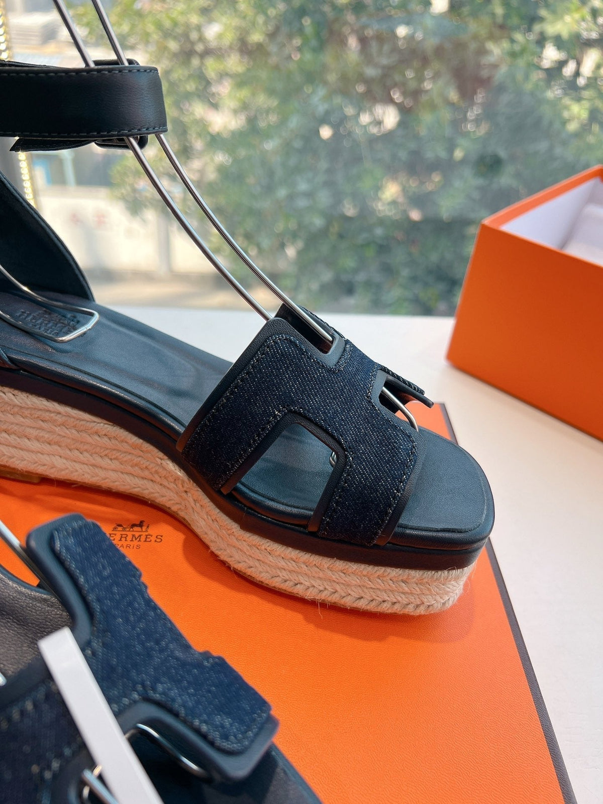 Hermes Elda Espadrille in Midnight Blue Fabric and Black Calfskin