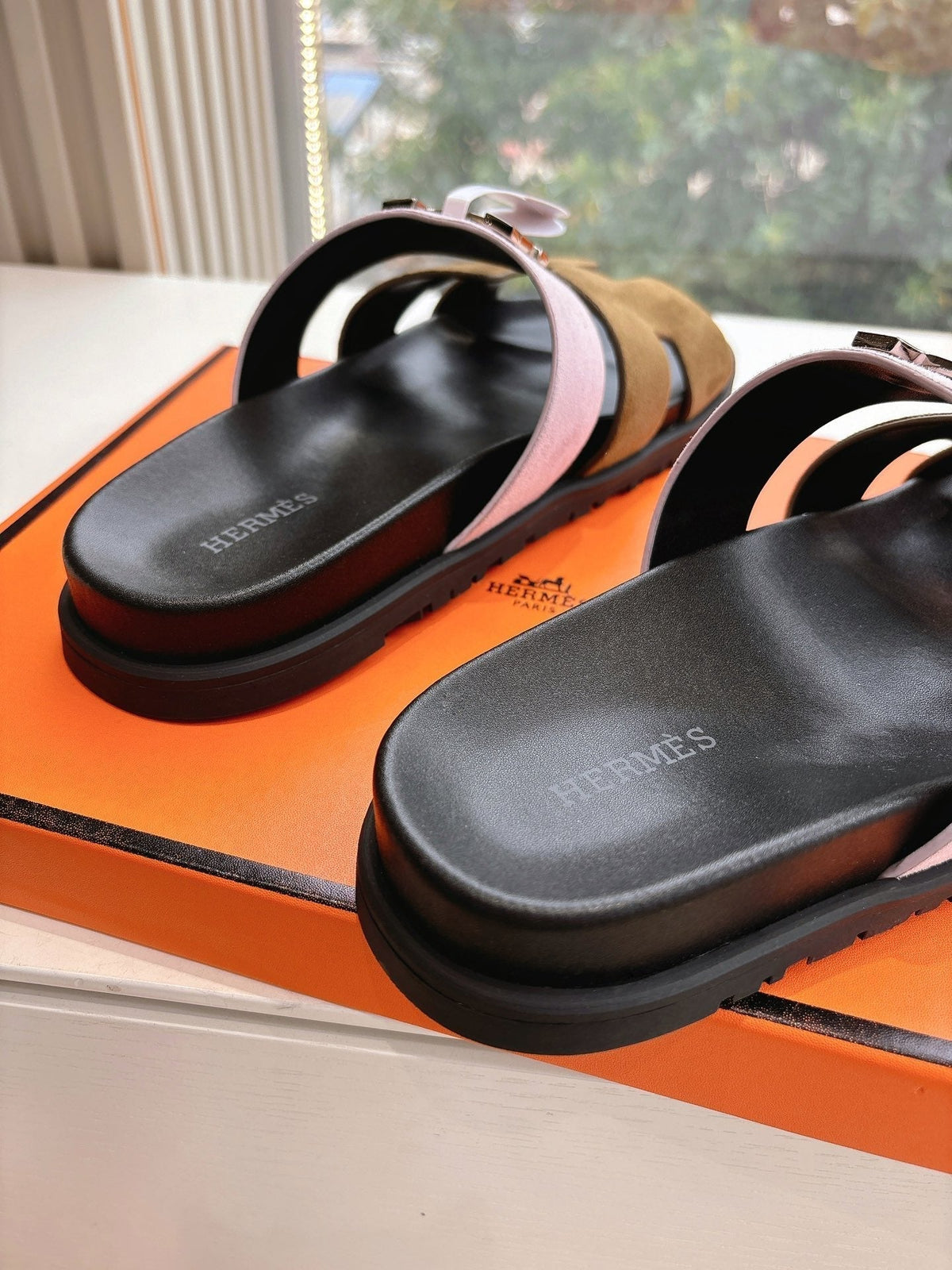Hermes Chypre Sandal in Light Pink Mix Chocolate Brown Suede