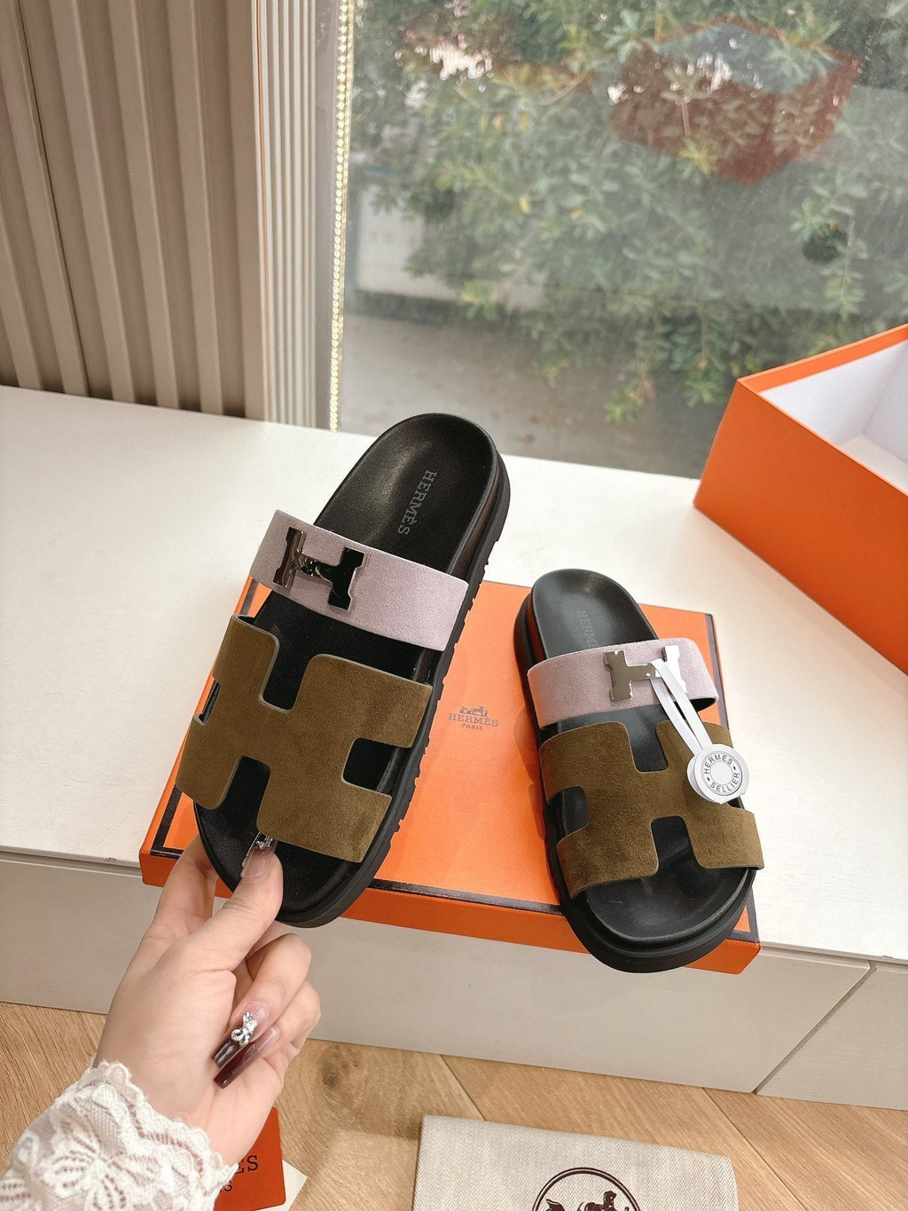 Hermes Chypre Sandal in Light Pink Mix Chocolate Brown Suede