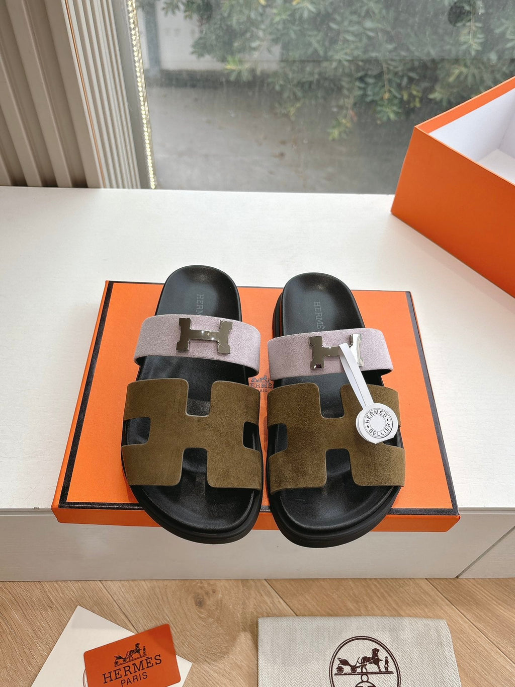 Hermes Chypre Sandal in Light Pink Mix Chocolate Brown Suede