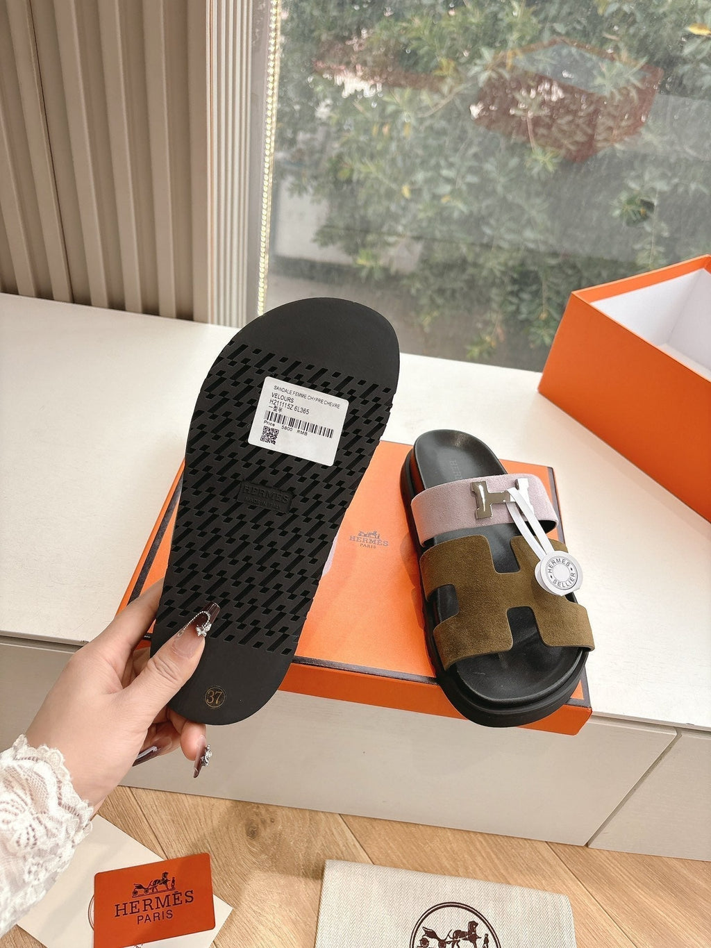 Hermes Chypre Sandal in Light Pink Mix Chocolate Brown Suede