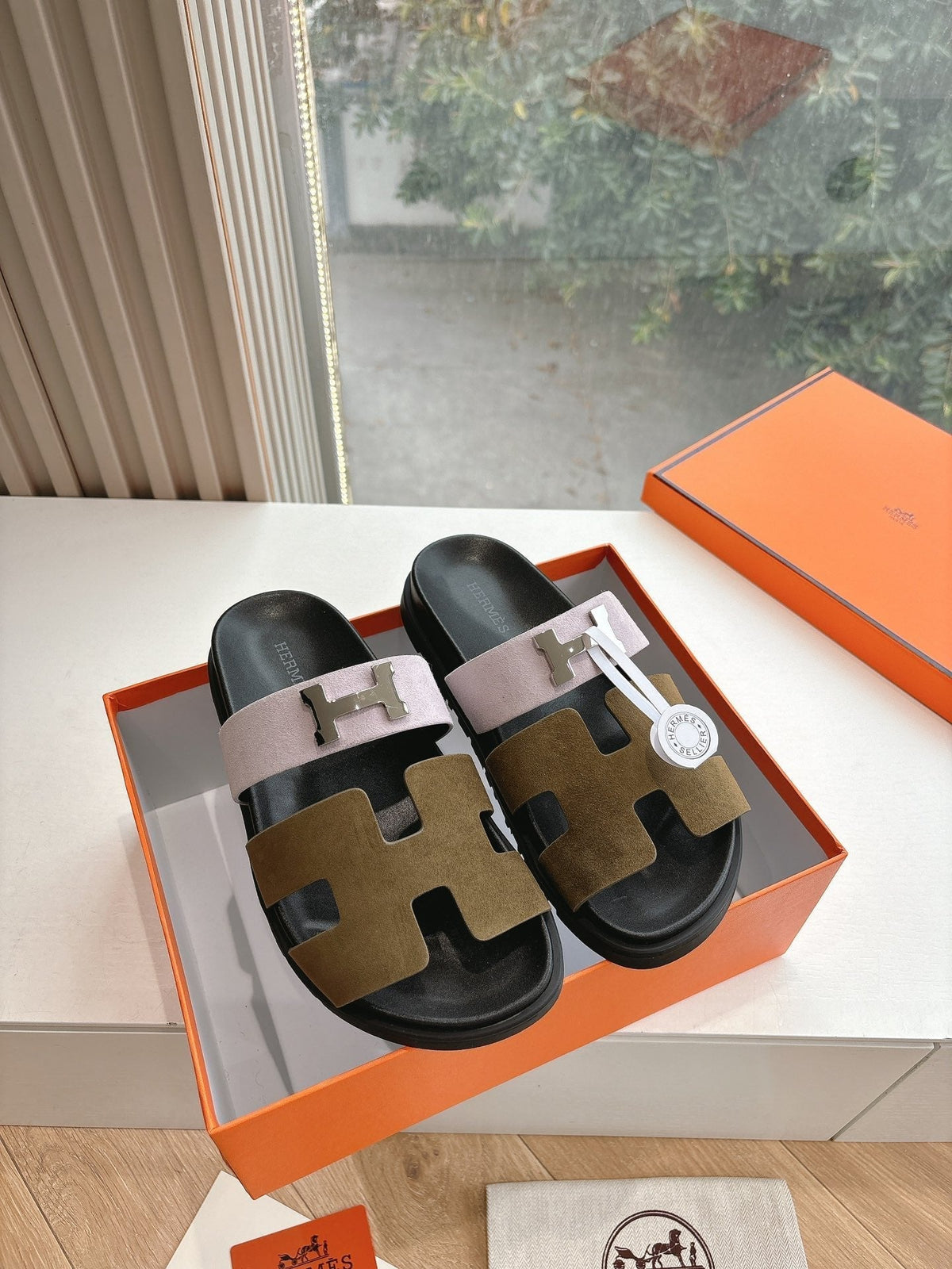 Hermes Chypre Sandal in Light Pink Mix Chocolate Brown Suede