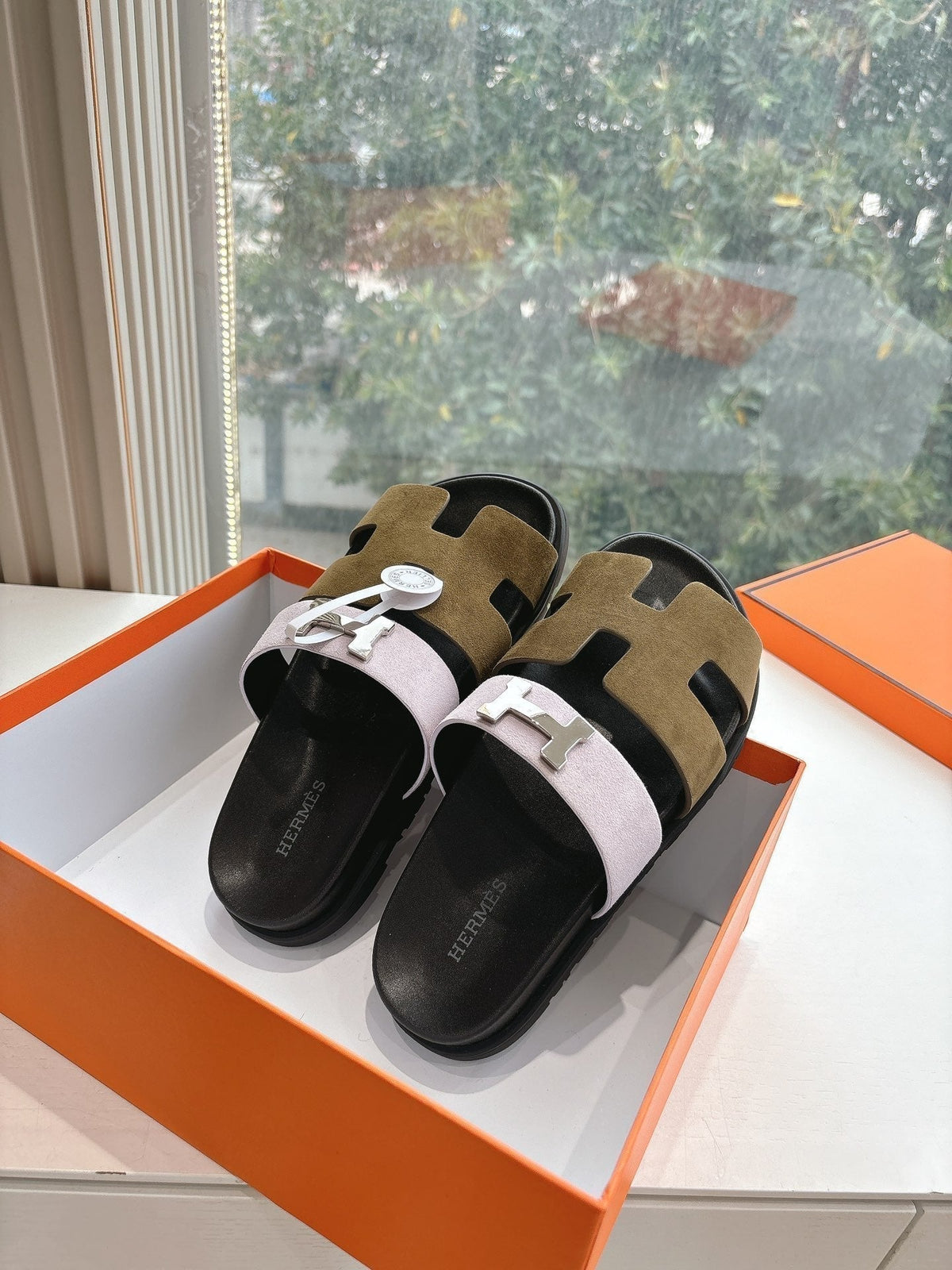 Hermes Chypre Sandal in Light Pink Mix Chocolate Brown Suede