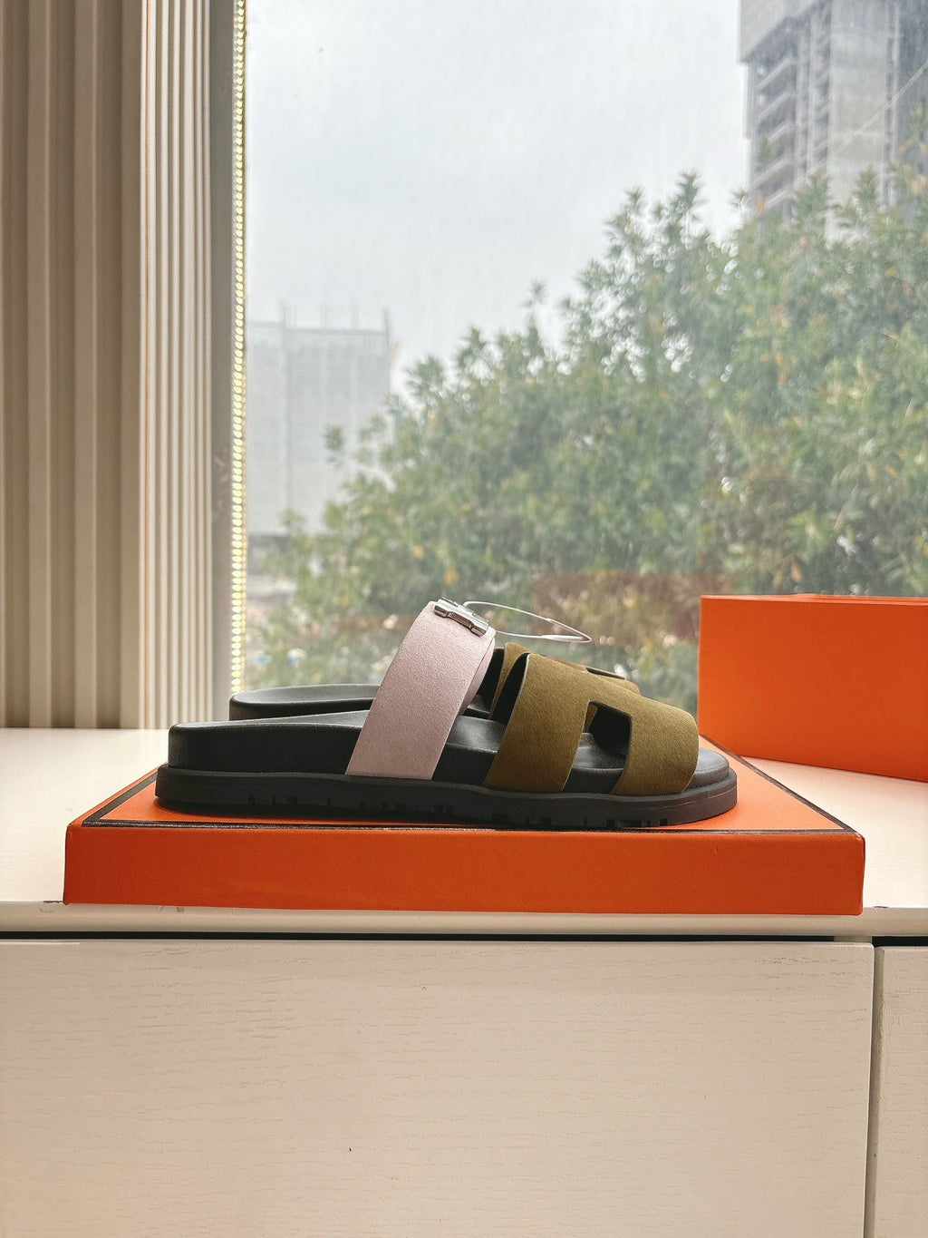 Hermes Chypre Sandal in Light Pink Mix Chocolate Brown Suede