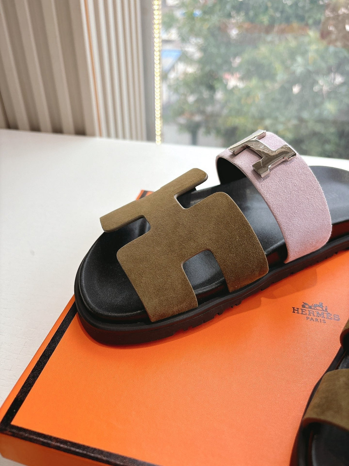 Hermes Chypre Sandal in Light Pink Mix Chocolate Brown Suede