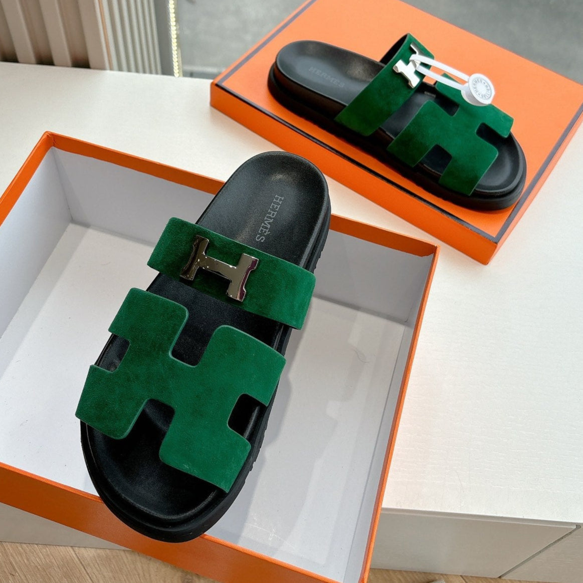 Hermes Chypre Sandal in Pine Green Suede