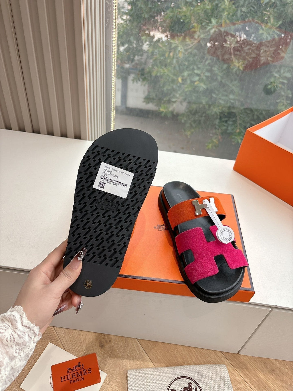 Hermes Chypre Sandal in Dark Pink Mix Orange Suede