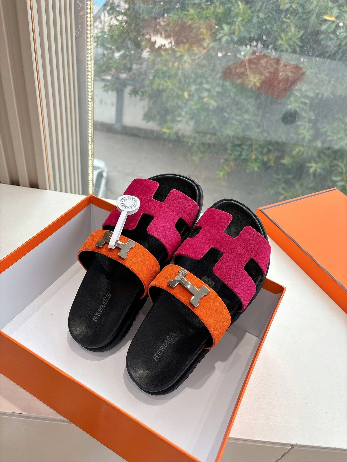 Hermes Chypre Sandal in Dark Pink Mix Orange Suede